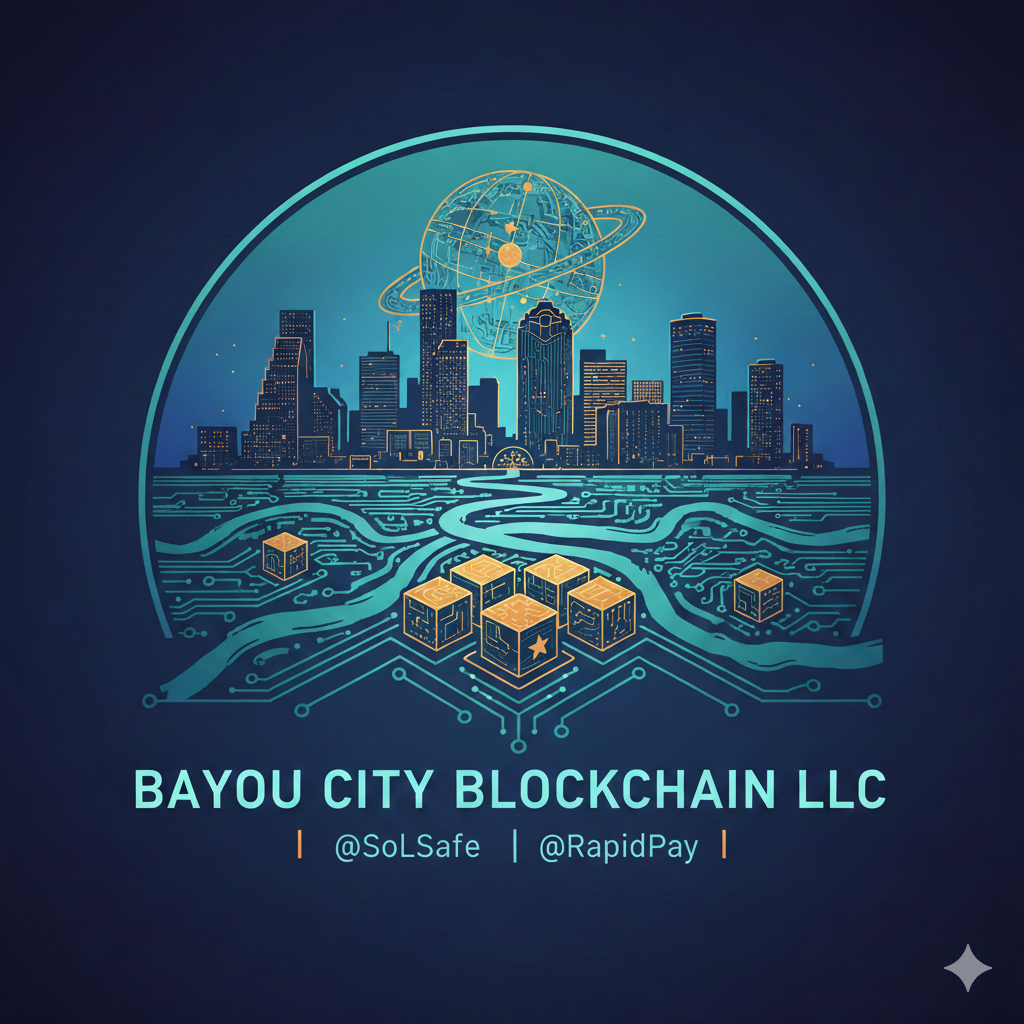 Bayou City Blockchain Logo - Houston skyline with blockchain elements